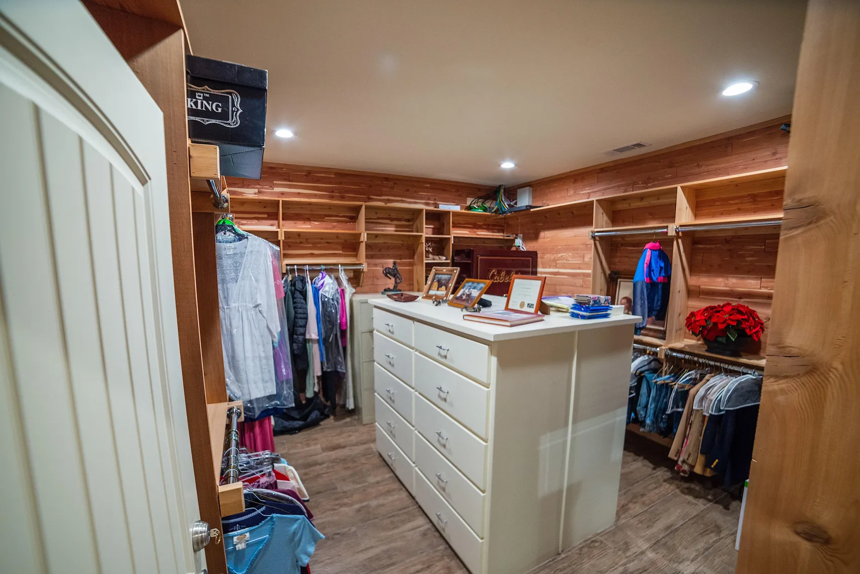 Cedar-lined guest closet with center island