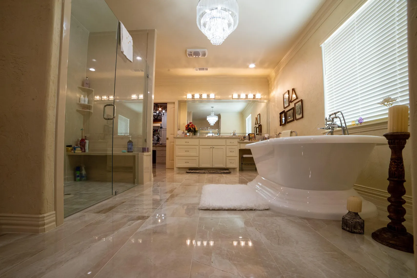 Primary bath with freestanding tub and glass shower